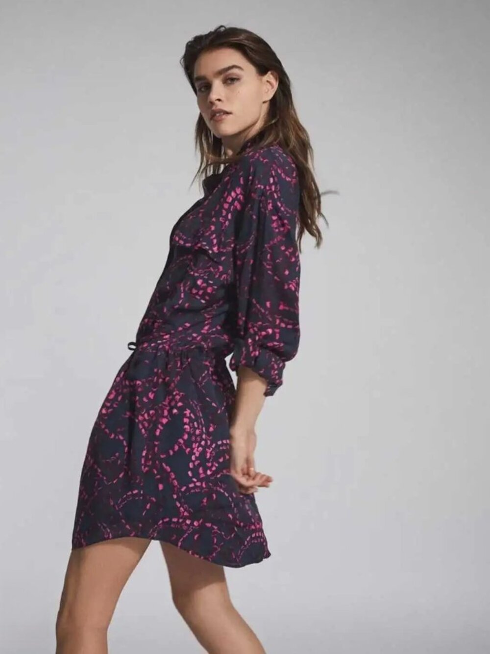 REISS Navy Pink Abstract Print Mini Dress Drawstring Waist